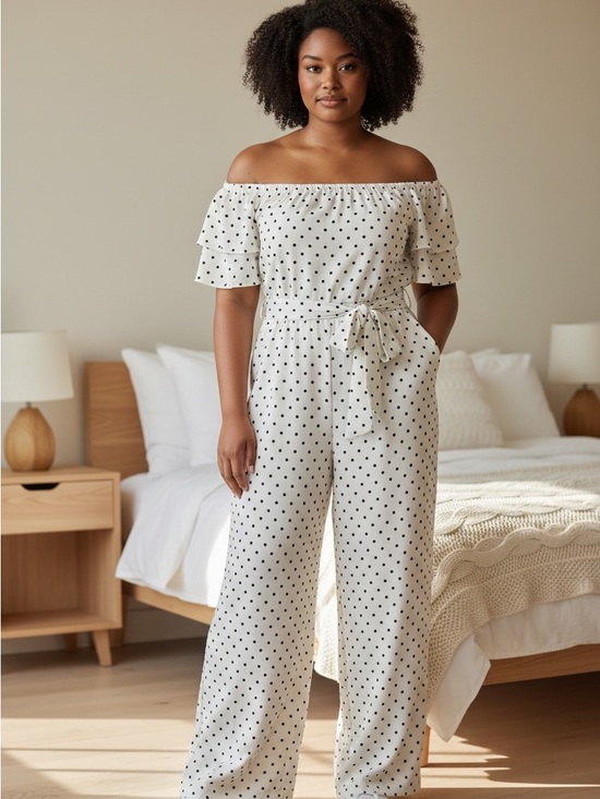 Forever 21 Pants - Forever 21 White Off-Shoulder Polka Dot Jumpsuit